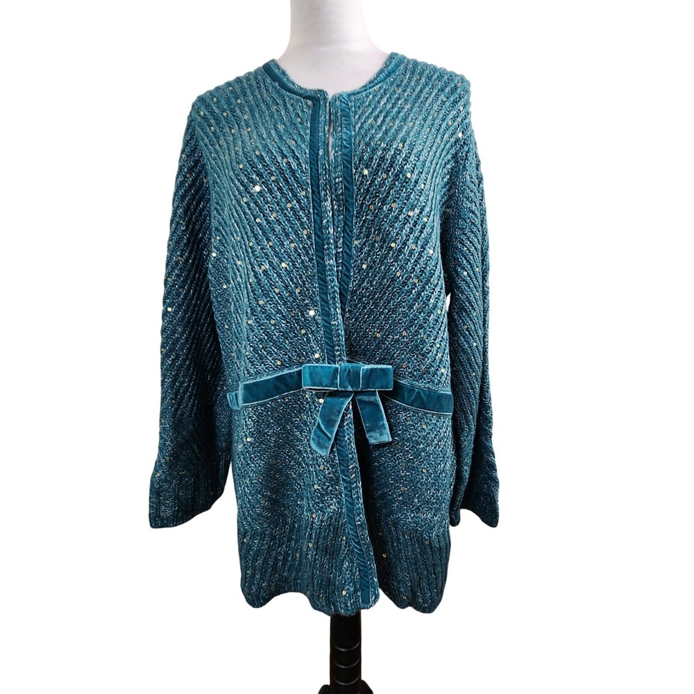 Artistic Womens 2X‎ Teal Knit Sequin Cardigan Sweater Velvet Bow Trim Wool Blend